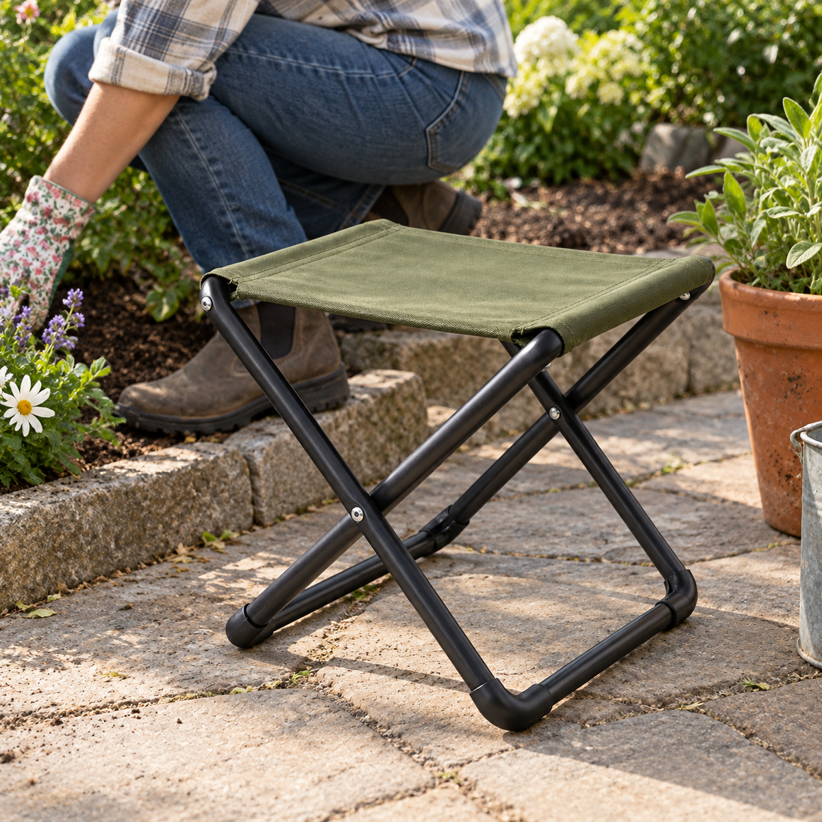 Folding Garden Stool with Fabric Seat, 16 x 13 x 16 in