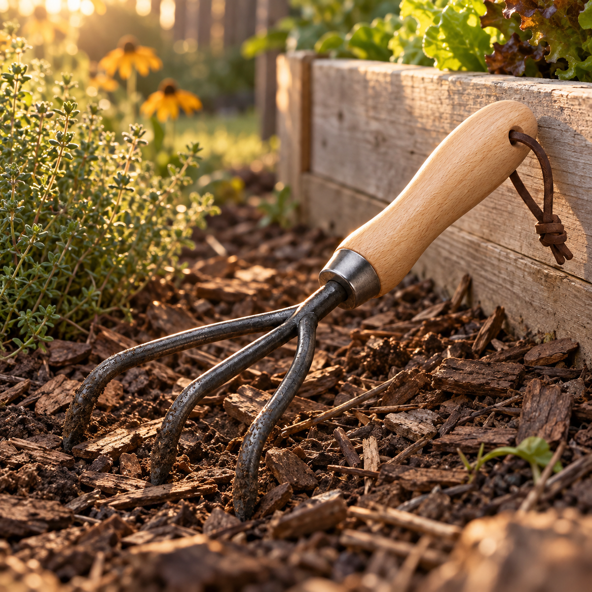 Three-Tine Steel Hand Cultivator with Wood Handle, 11 in