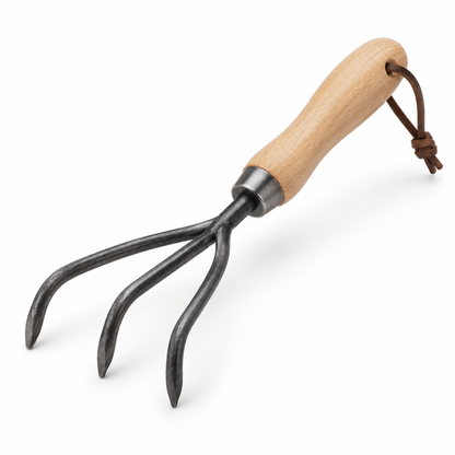Three-Tine Steel Hand Cultivator with Wood Handle, 11 in