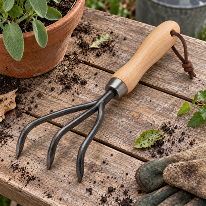 Three-Tine Steel Hand Cultivator with Wood Handle, 11 in