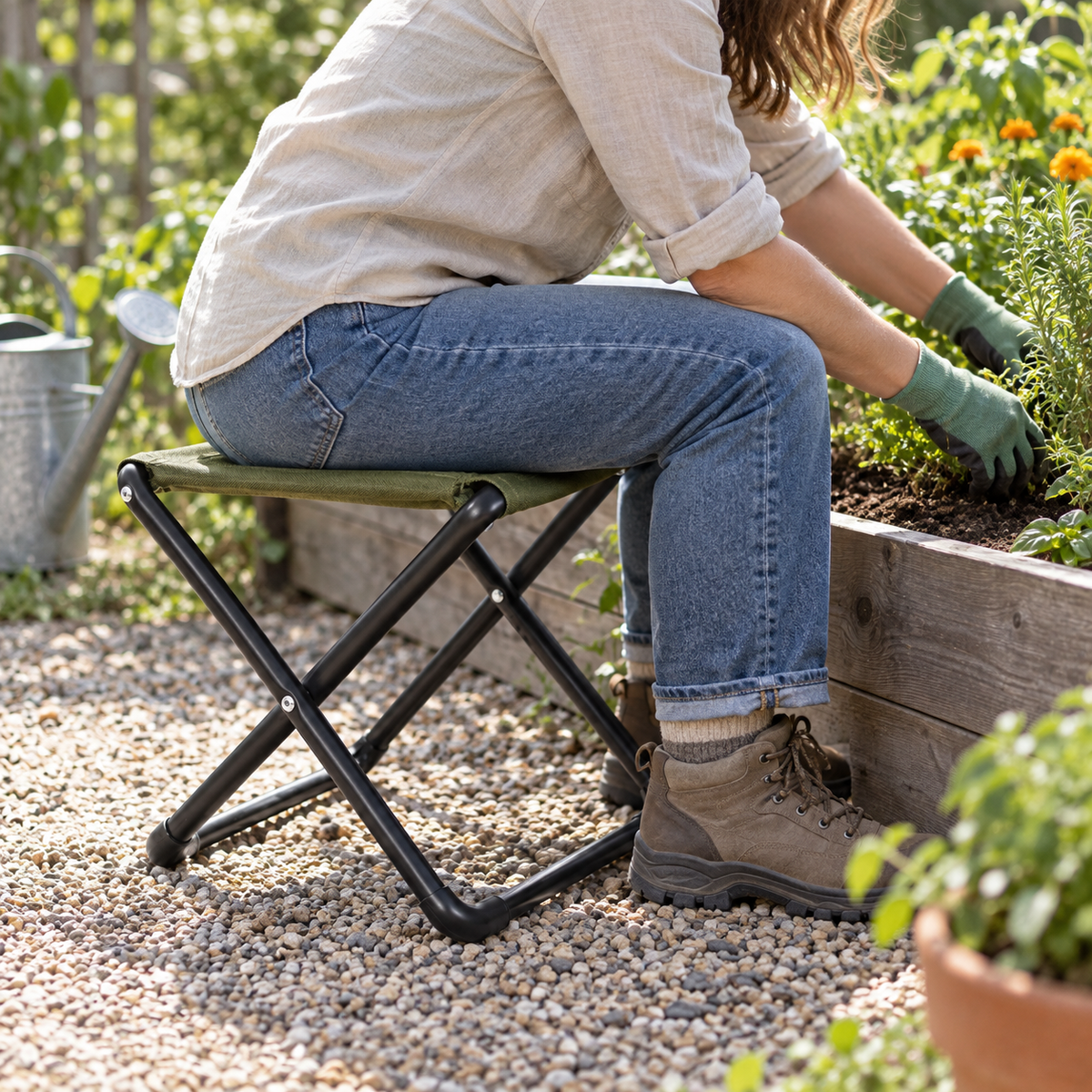 Folding Garden Stool with Fabric Seat, 16 x 13 x 16 in