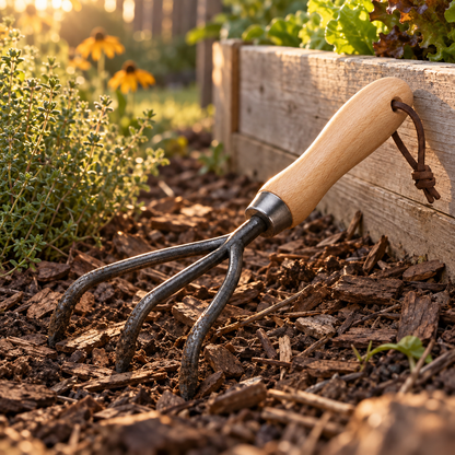 Three-Tine Steel Hand Cultivator with Wood Handle, 11 in